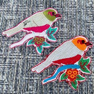 Iron On Bird Patch Lot of 2 Bird on Branch Multi Color Embroidery Patches X2